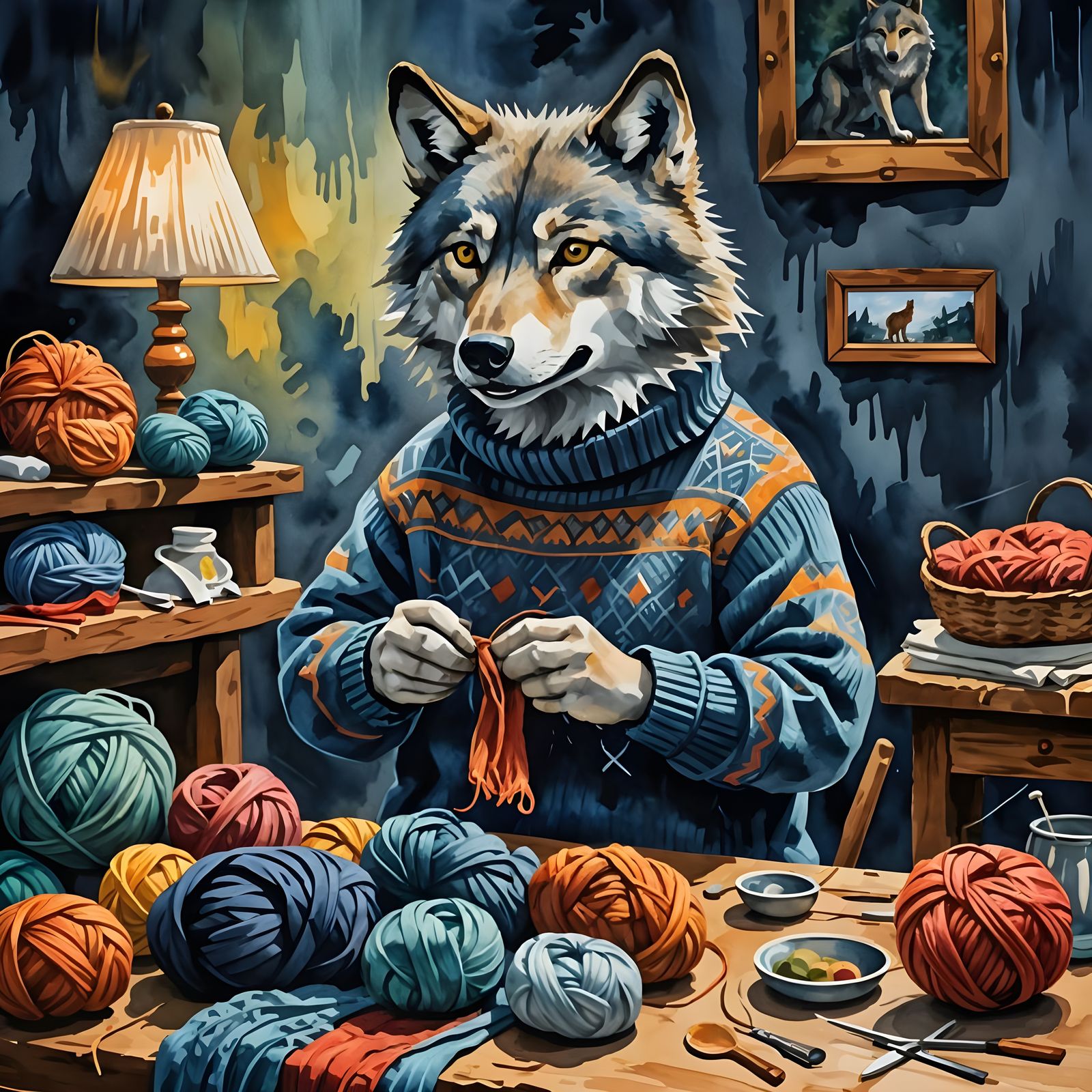 Wolf Knitting a Sweater in Impasto Gouache Style
