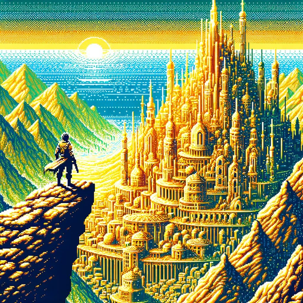 Golden City in the Rocky Mountains, Pixel Art Style