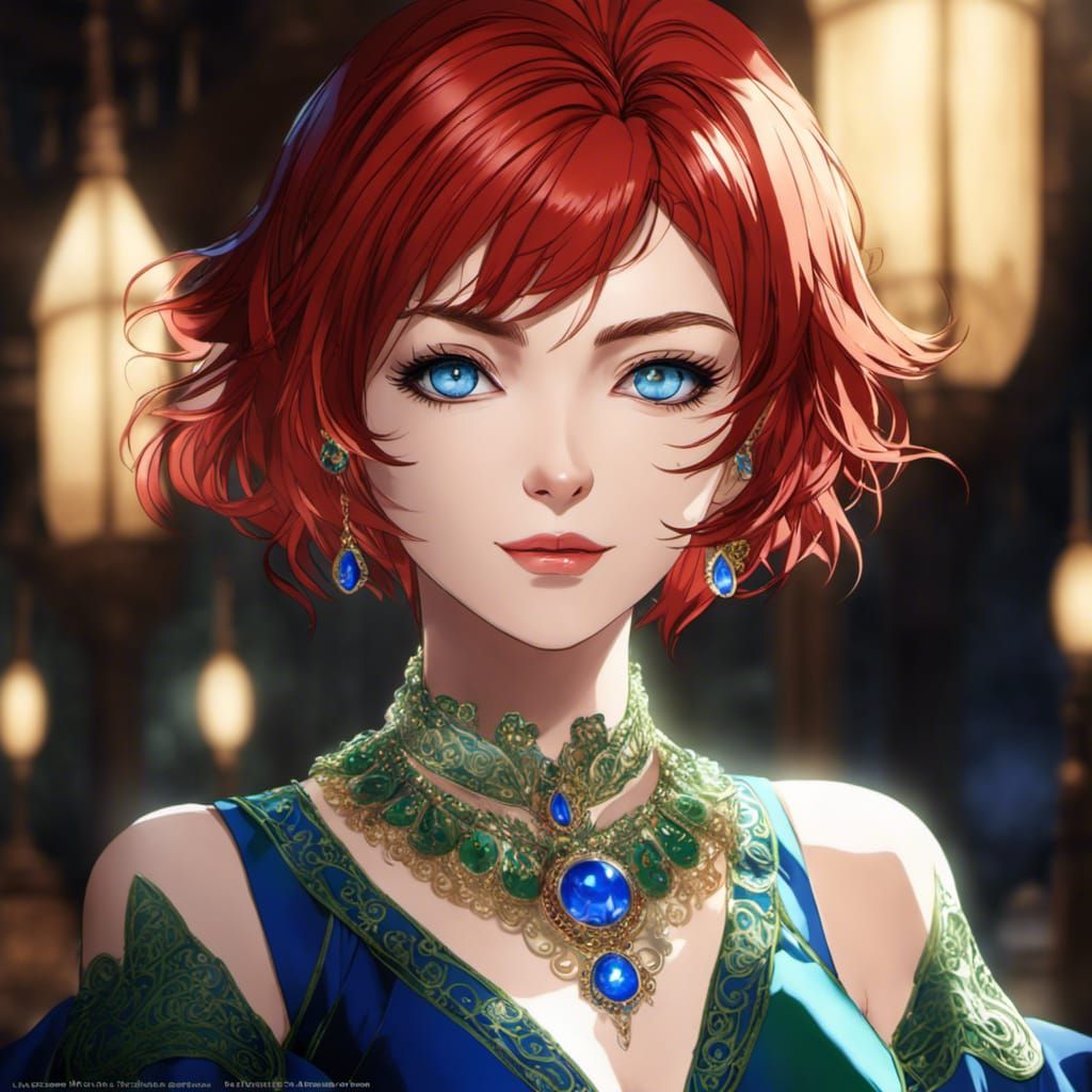 Anime Portrait: Red-Haired Woman with Blue Eyes