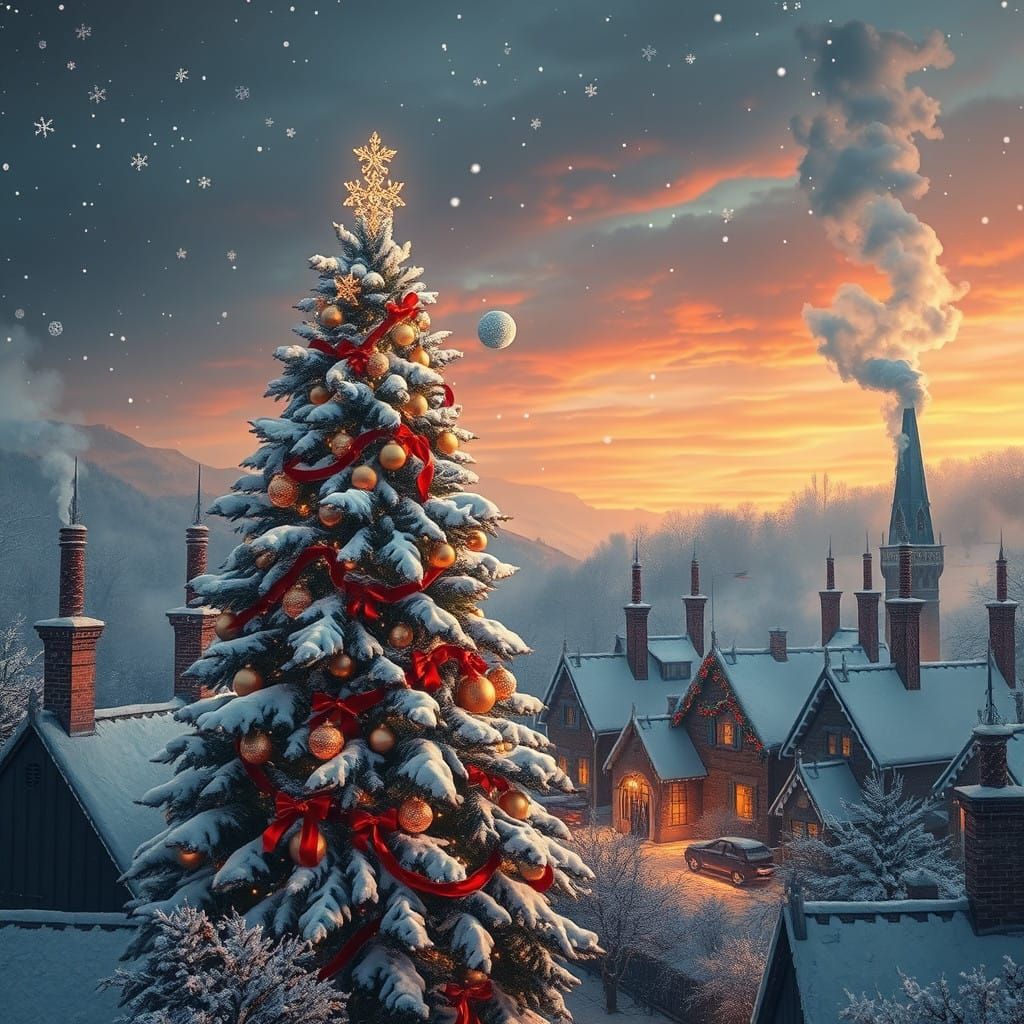 Golden Christmas Wonderland with Swirling Frost and Snowflak...