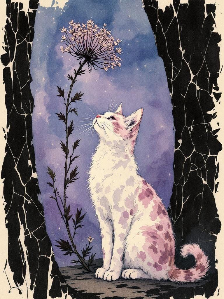 Cat Under Flower: Watercolor Illustration with Mystical Dept...