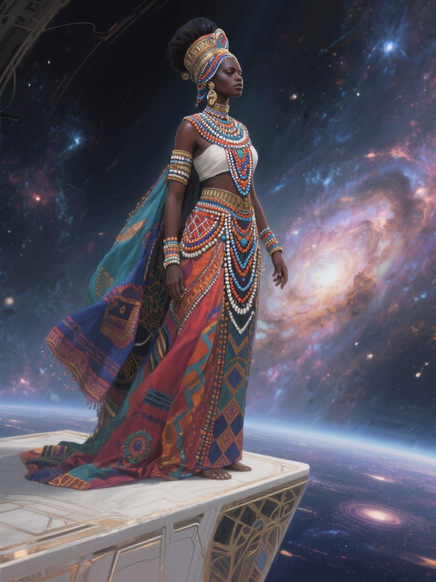 Yoruba Princess on Celestial Platform in Afrofuturist Style
