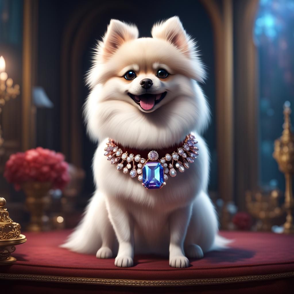 Pomeranian Dog with Crystal Collar: Fantasy Art