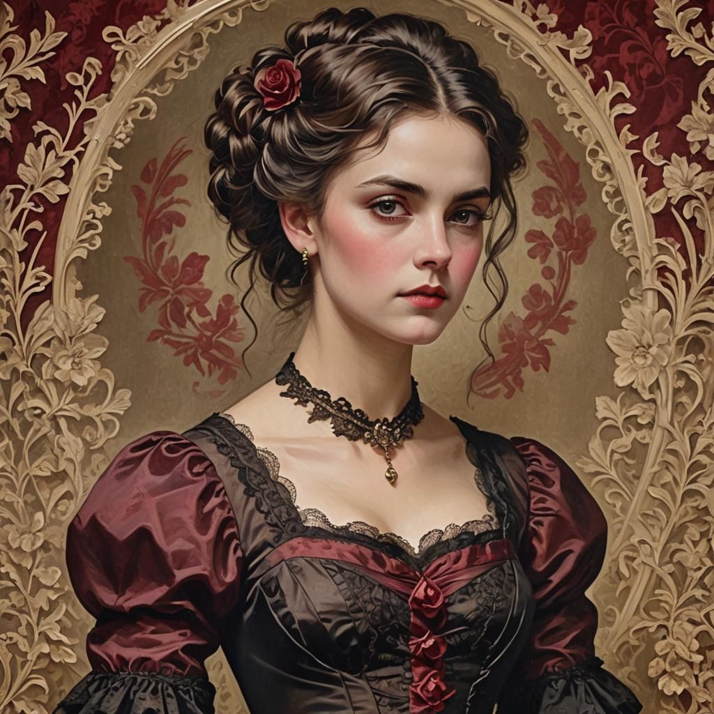 Victorian Woman with Intense Gaze in Crimson Bodice