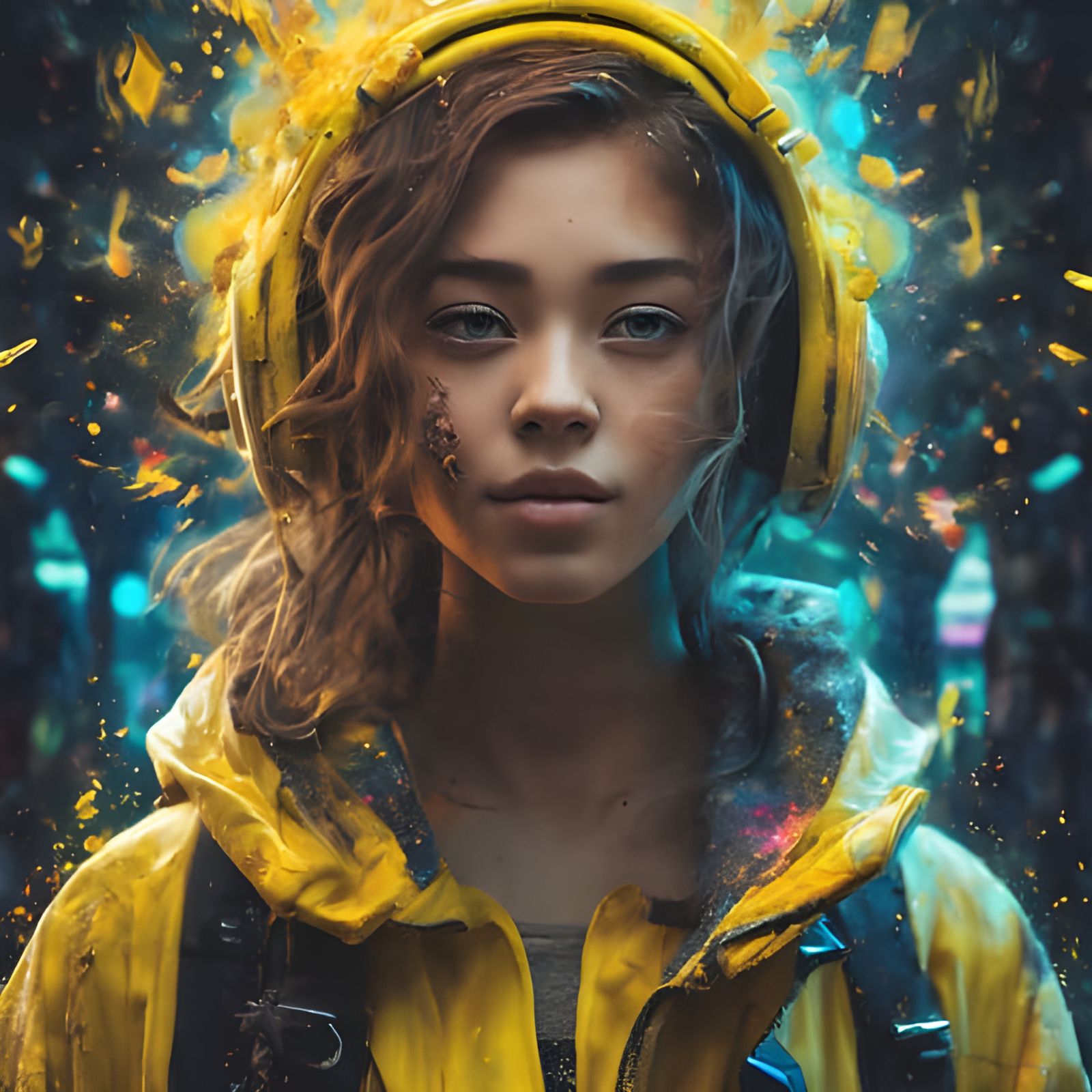 Cyberpunk Girl Amidst Acid Yellow Explosions