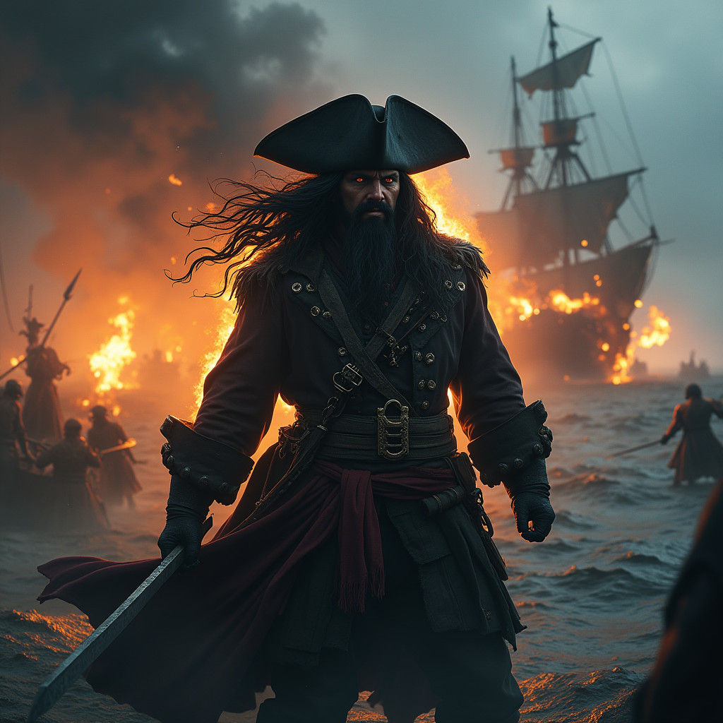Blackbeard in Fiery Battle, Detailed Matte Painting