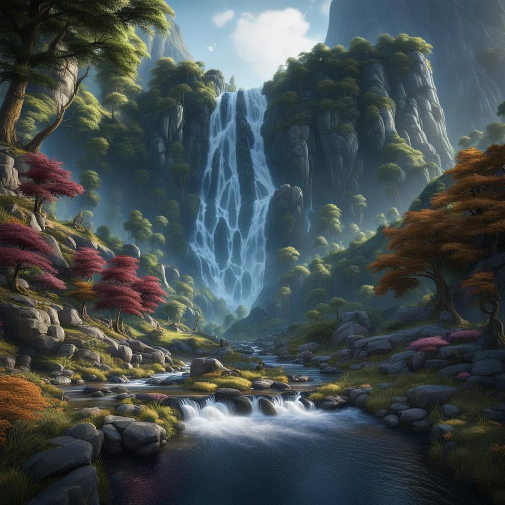 Mountain Waterfall Stream in Detailed Matte Painting