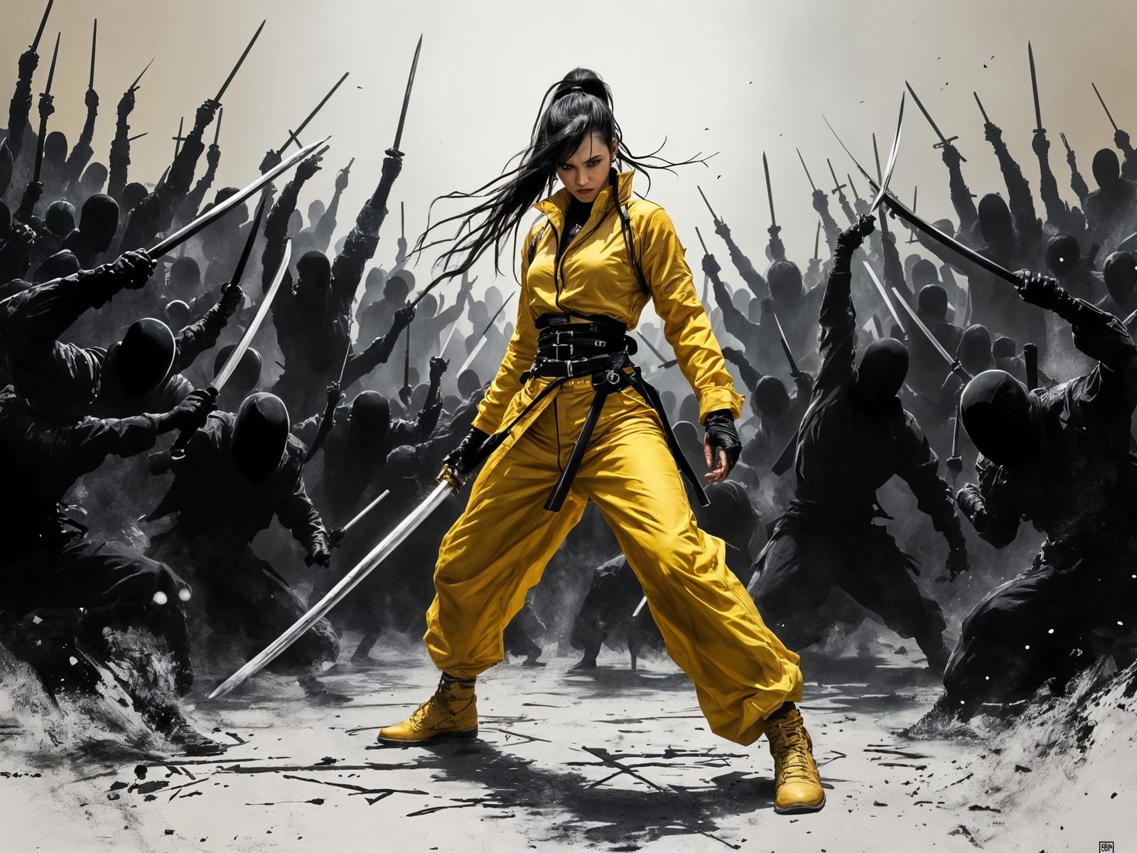 Heroic Female Warrior Confronts Samurai in a Dynamic Oil Pai...