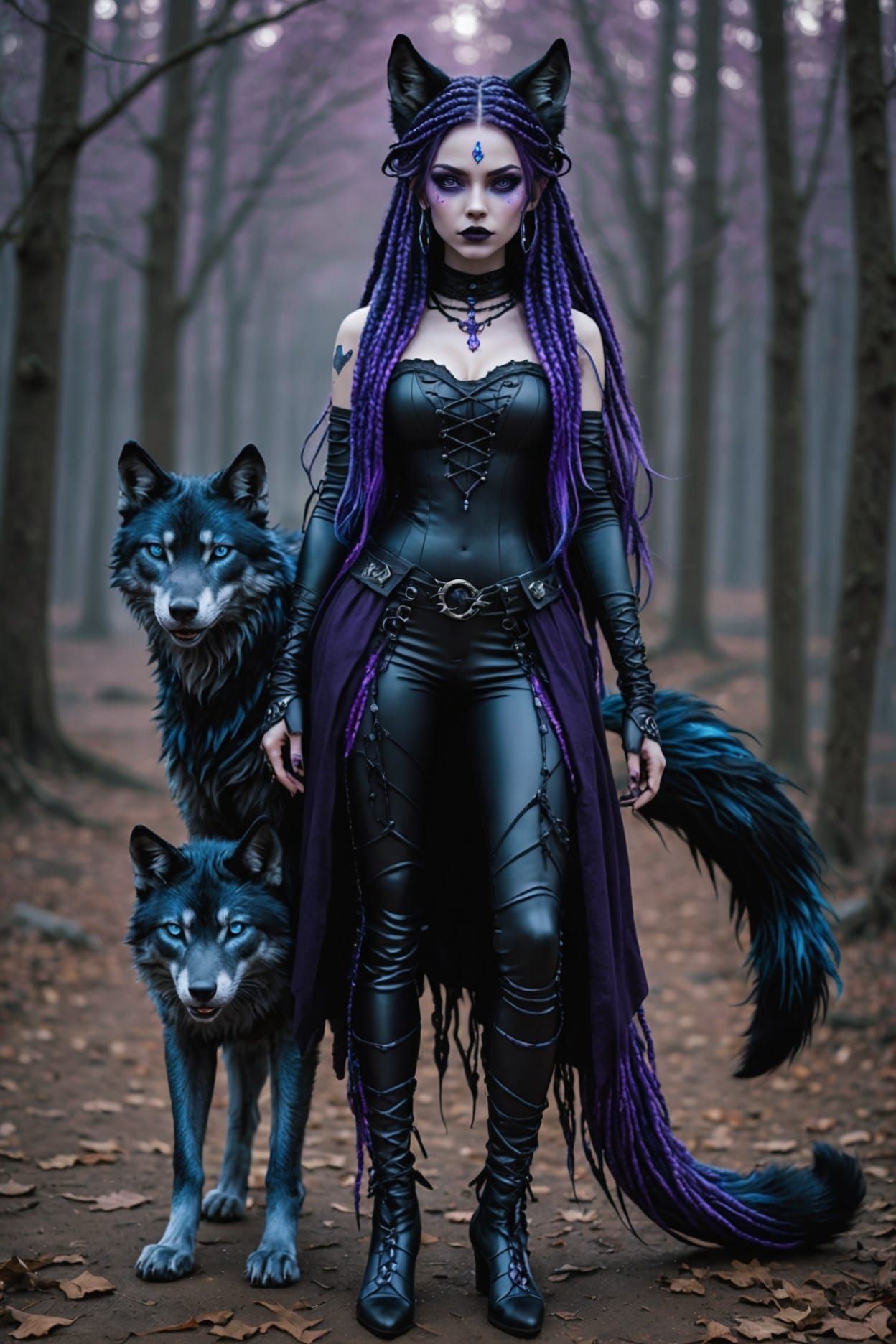 Realistic Wolf-Cat Girl Portrait in Dreamlike Environment