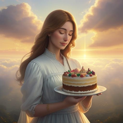 Beautiful Woman Holding Birthday Cake in Ethereal Sunshine