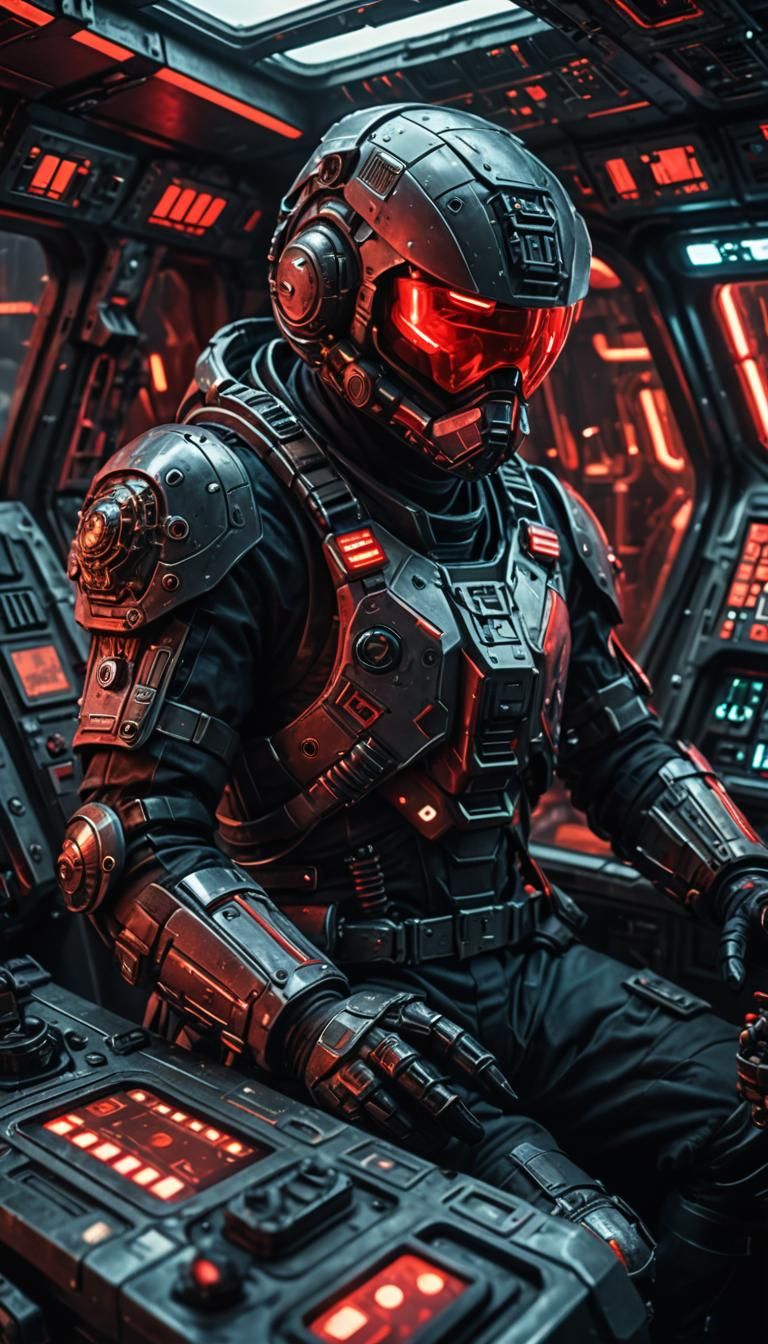 Futuristic Pilot in Cockpit Under Red Lights