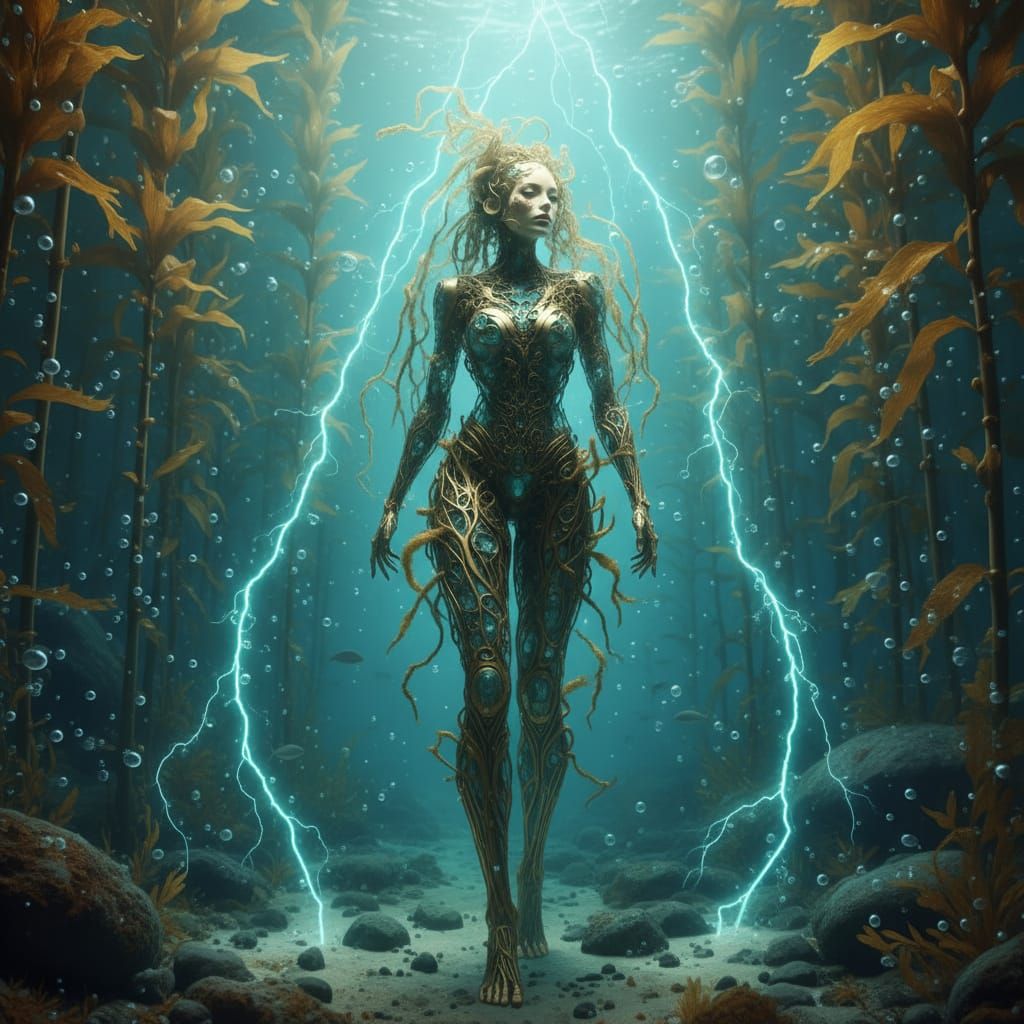 Biomechanical Woman of Brass, Crystal, and Kelp with Teal Li...