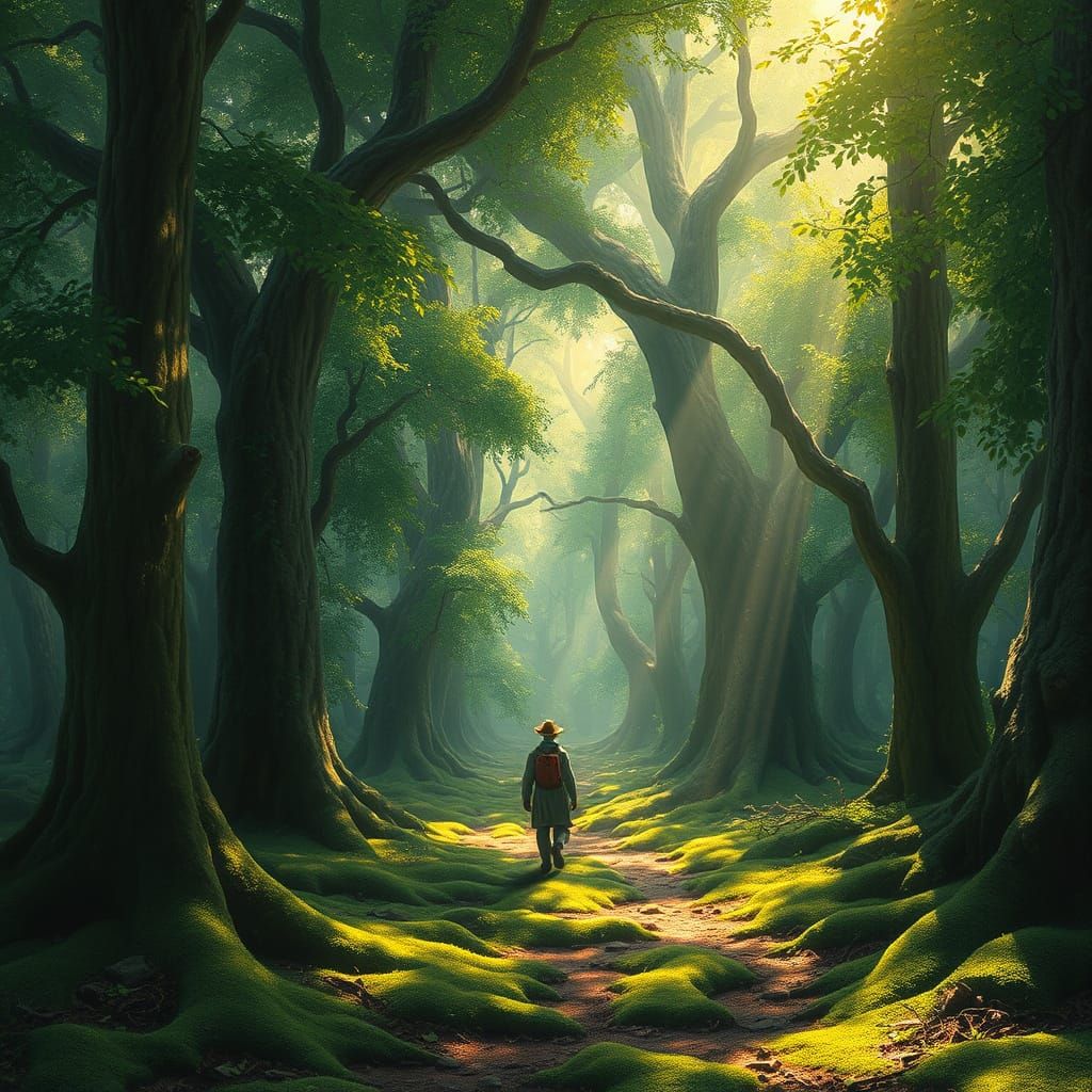 Enchanted Forest Wanderer in Ethereal Matte Painting Style