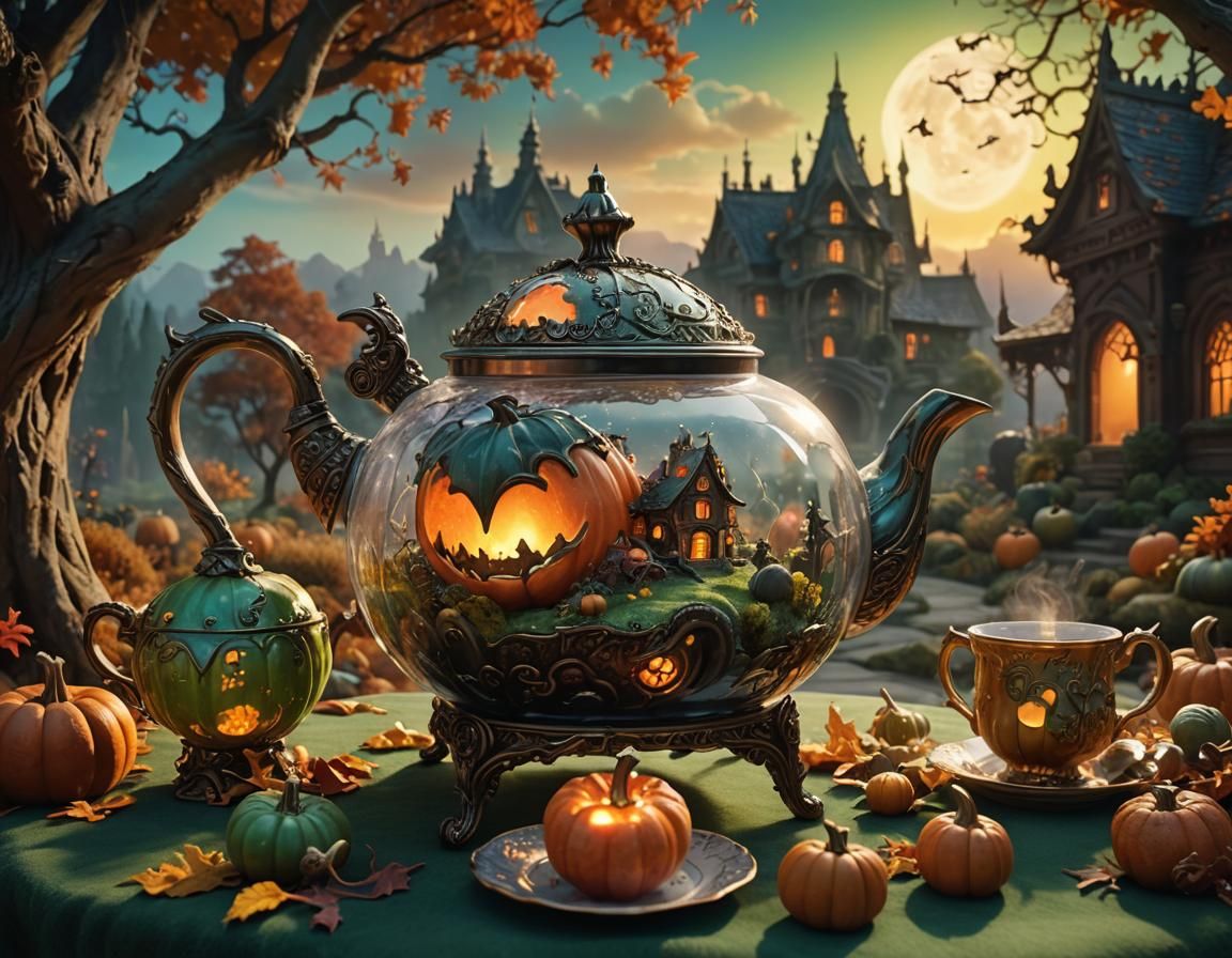 Autumn Halloween Landscape in Crystal Teapot: Hyperrealistic