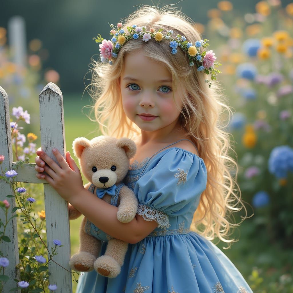 Enchanting 4-Year-Old in Lavish Blue Puffy Dress with Golden...