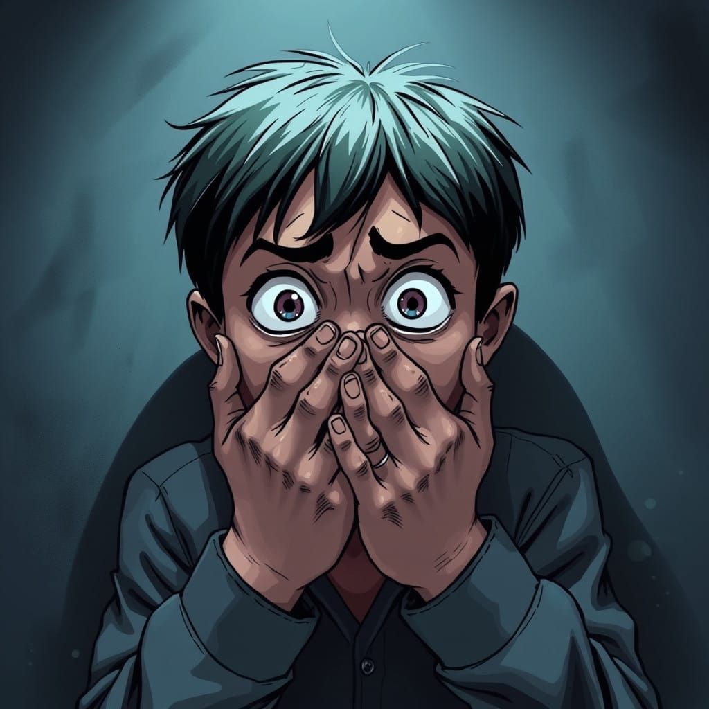 Terrified Figure Confronts Unspeakable Horror in Darkened Su...