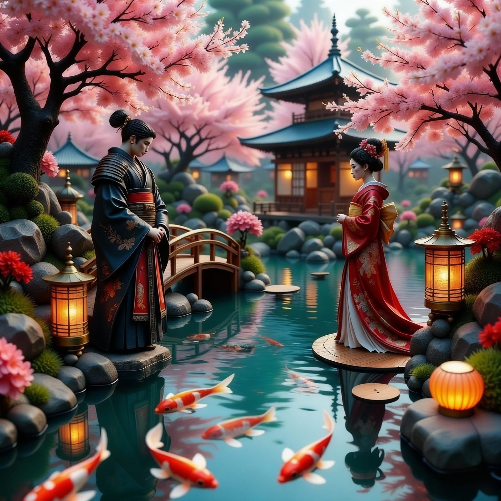 Samurai and Geisha Above Koi Pond with Lanterns