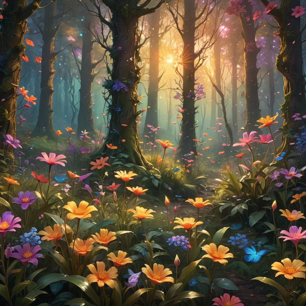 Mystical Forest: Vibrant Flowers in Oil Painting