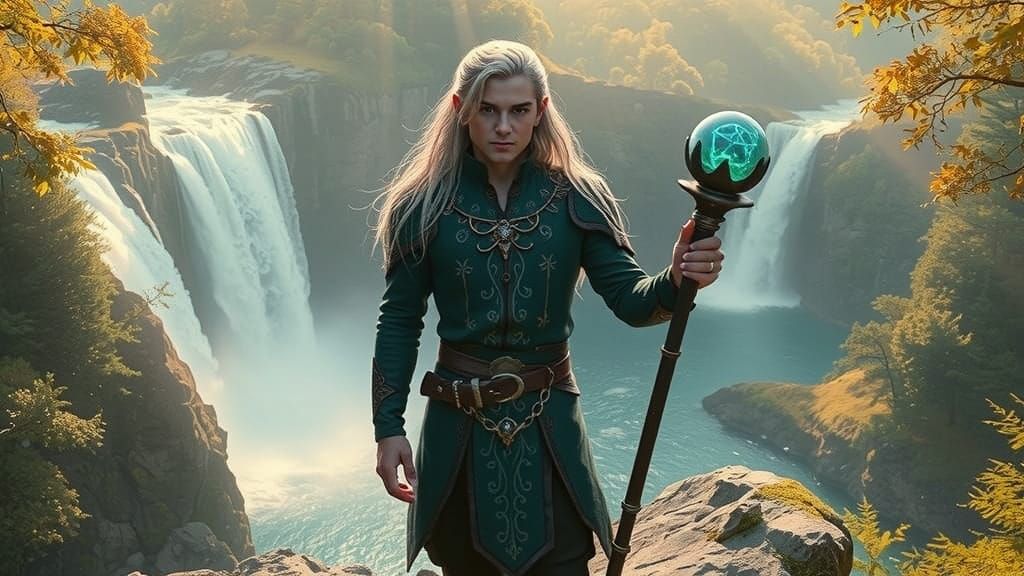 Elven Guardian of Cascading Waters in Celtic-Inspired Armor