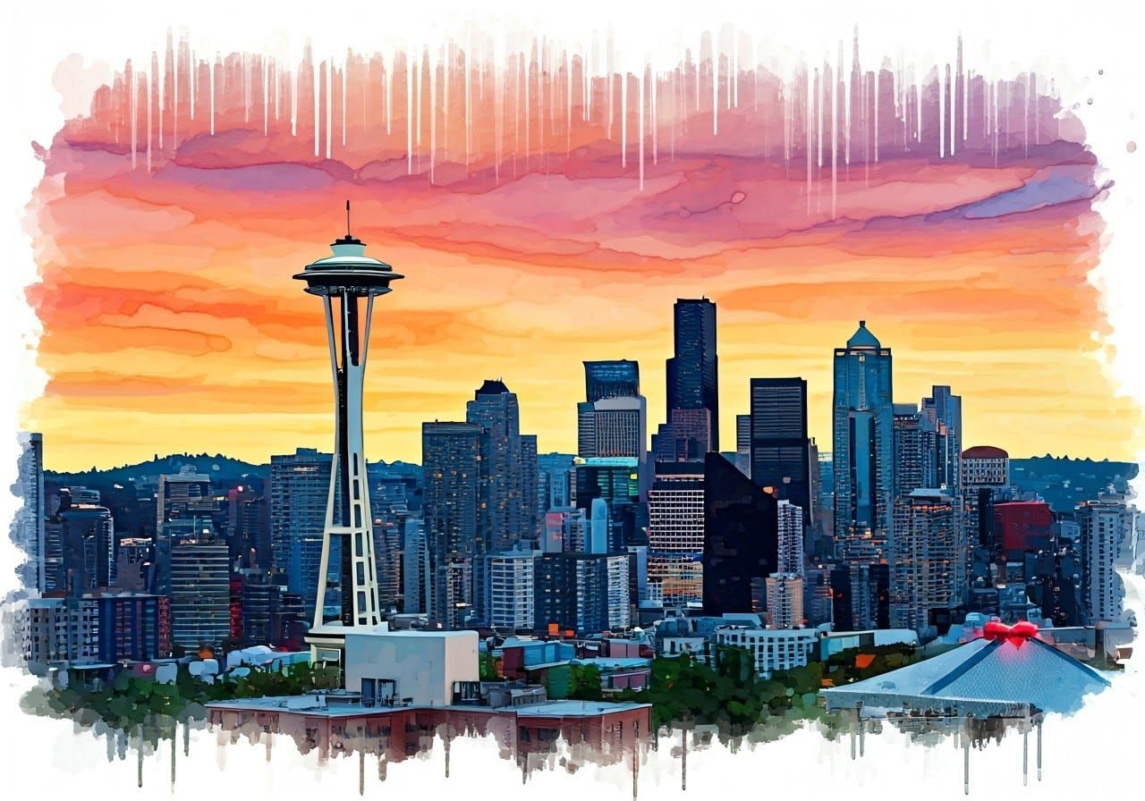 Seattle Skyline at Dusk in Watercolor Style