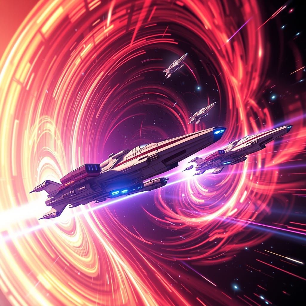 Starships Soaring Through Hyperspace in 3D Anime Style