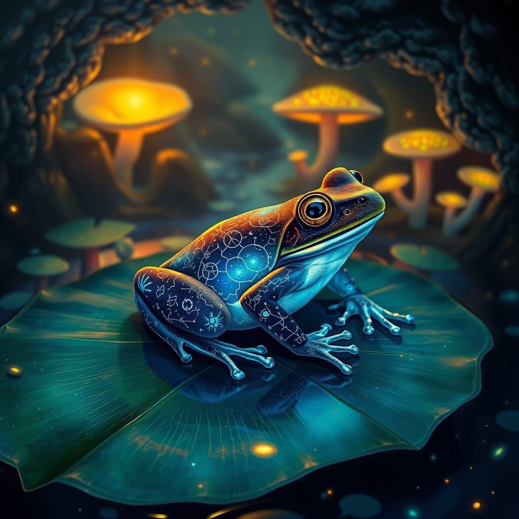 Bioluminescent Frog in Grotto with Glowing Mushrooms