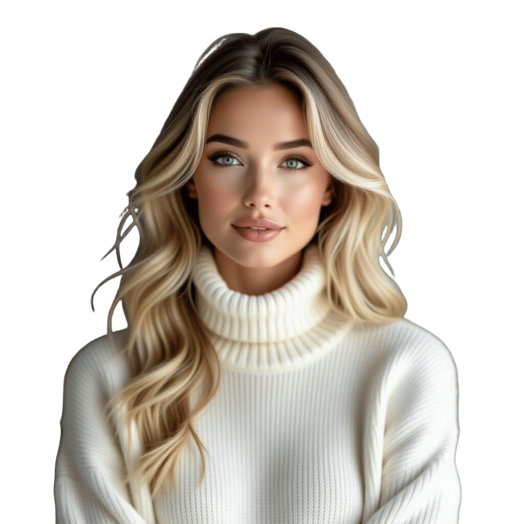 Hyperrealistic Woman in White Turtleneck and Black Skirt