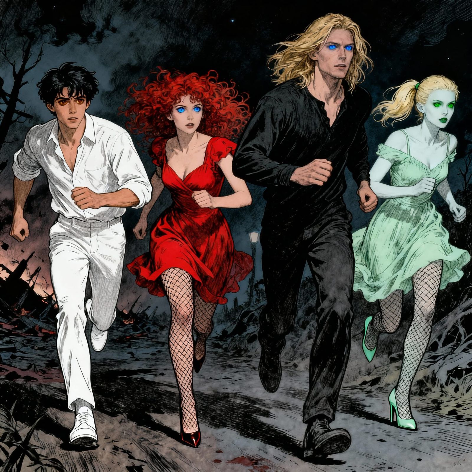 People Fleeing Disaster in Dramatic Etching Style