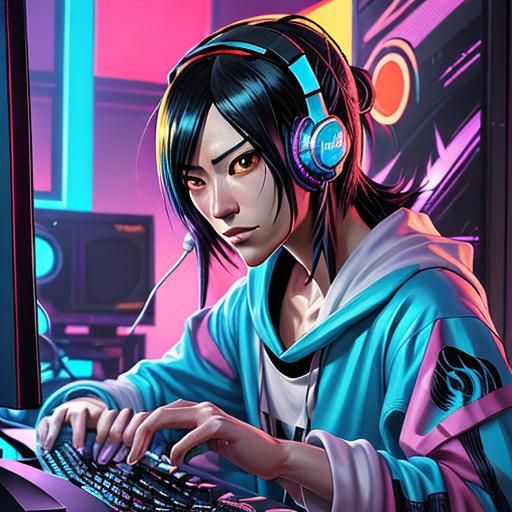 Stylized Anime Portrait, close up. A gamer sitting in front of multiple computer screens and gaming equipment. mediums s...