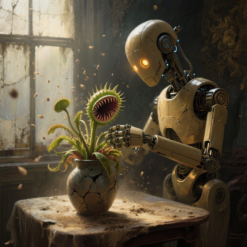 Robot Tending Plant, Dramatic Oil Painting in Baroque Style