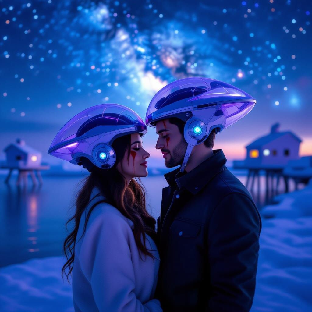 Lovers Embrace on Icy Beach Under Galactic Sky