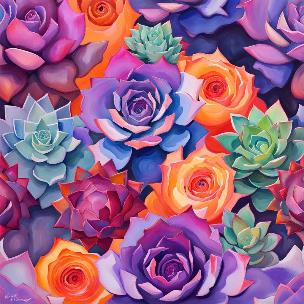 Abstract Succulents in Gouache Style Impressionist Painting
