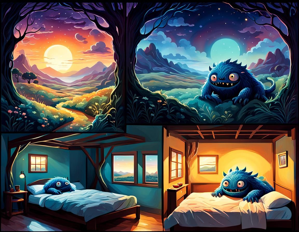 Triptych Landscape: Monster's Journey Through Day and Night