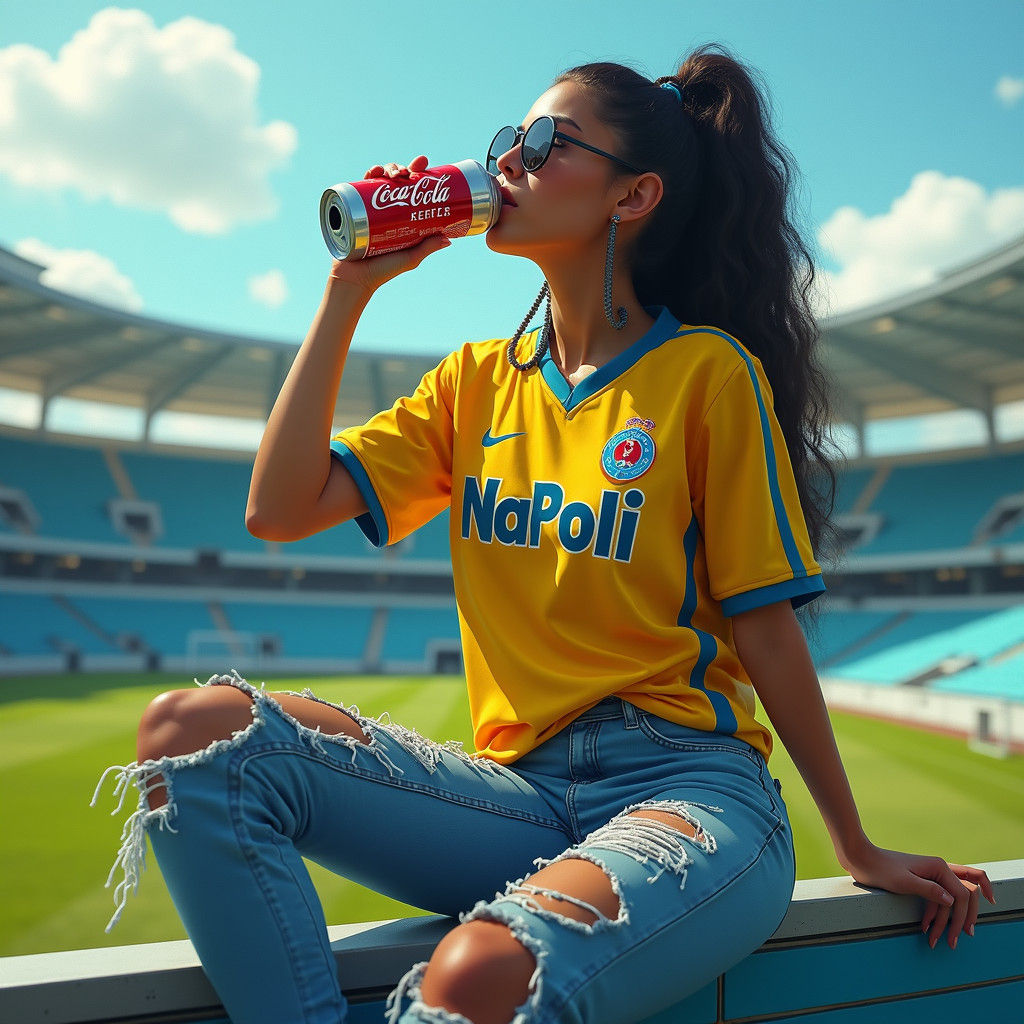 Woman at Napoli Stadium in Detailed Matte Painting