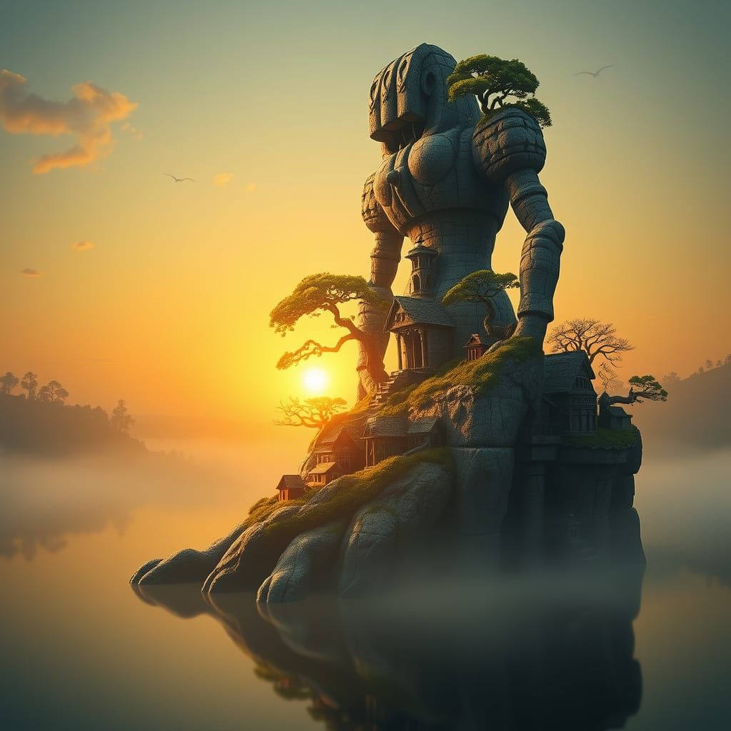 Stone Golem Emerges from Misty Lake at Dawn