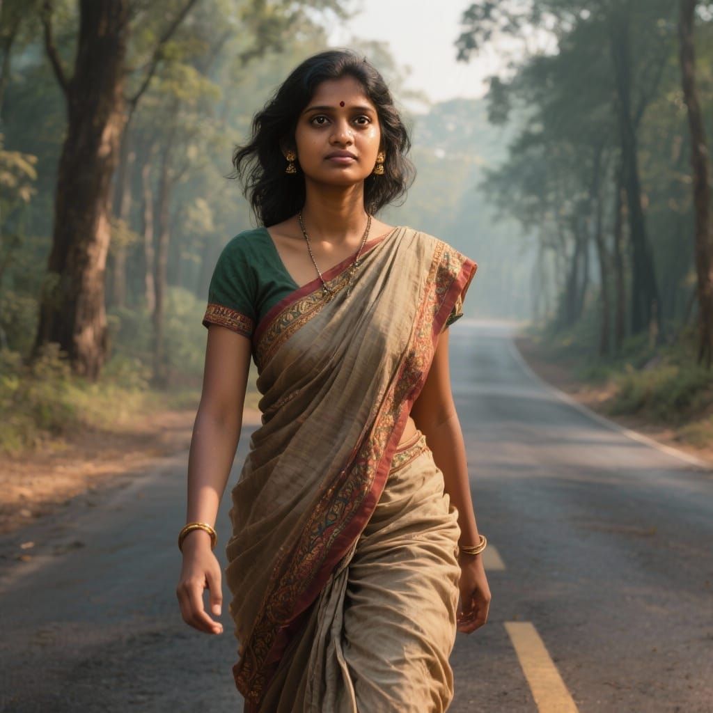Indian Woman's Determined Walk in Forest, Cinematic 3D Art