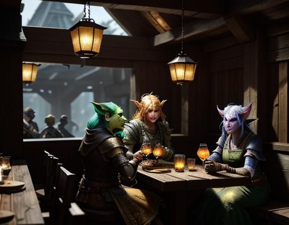 Female Goblins Enjoying Cocktails in Rustic Tavern