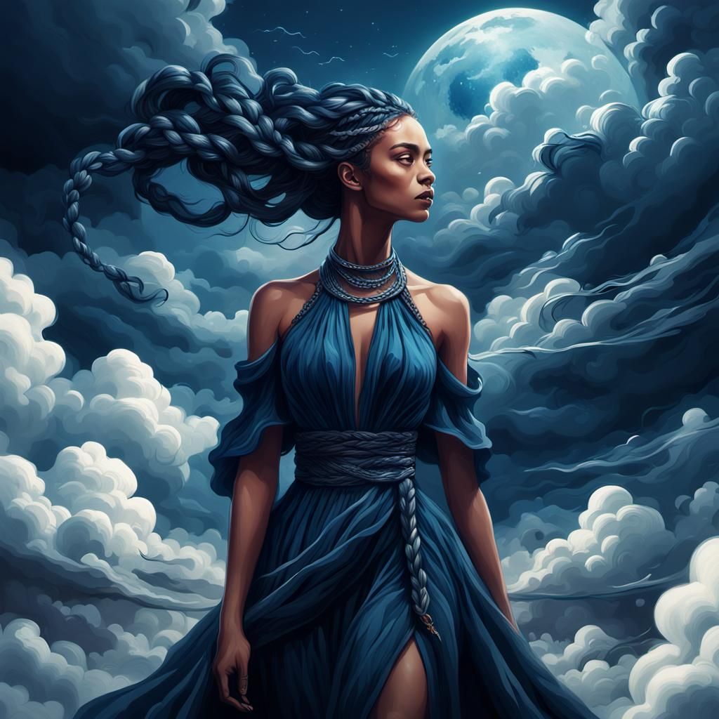Braided Woman in Clouds: Hyperdetailed Digital Art