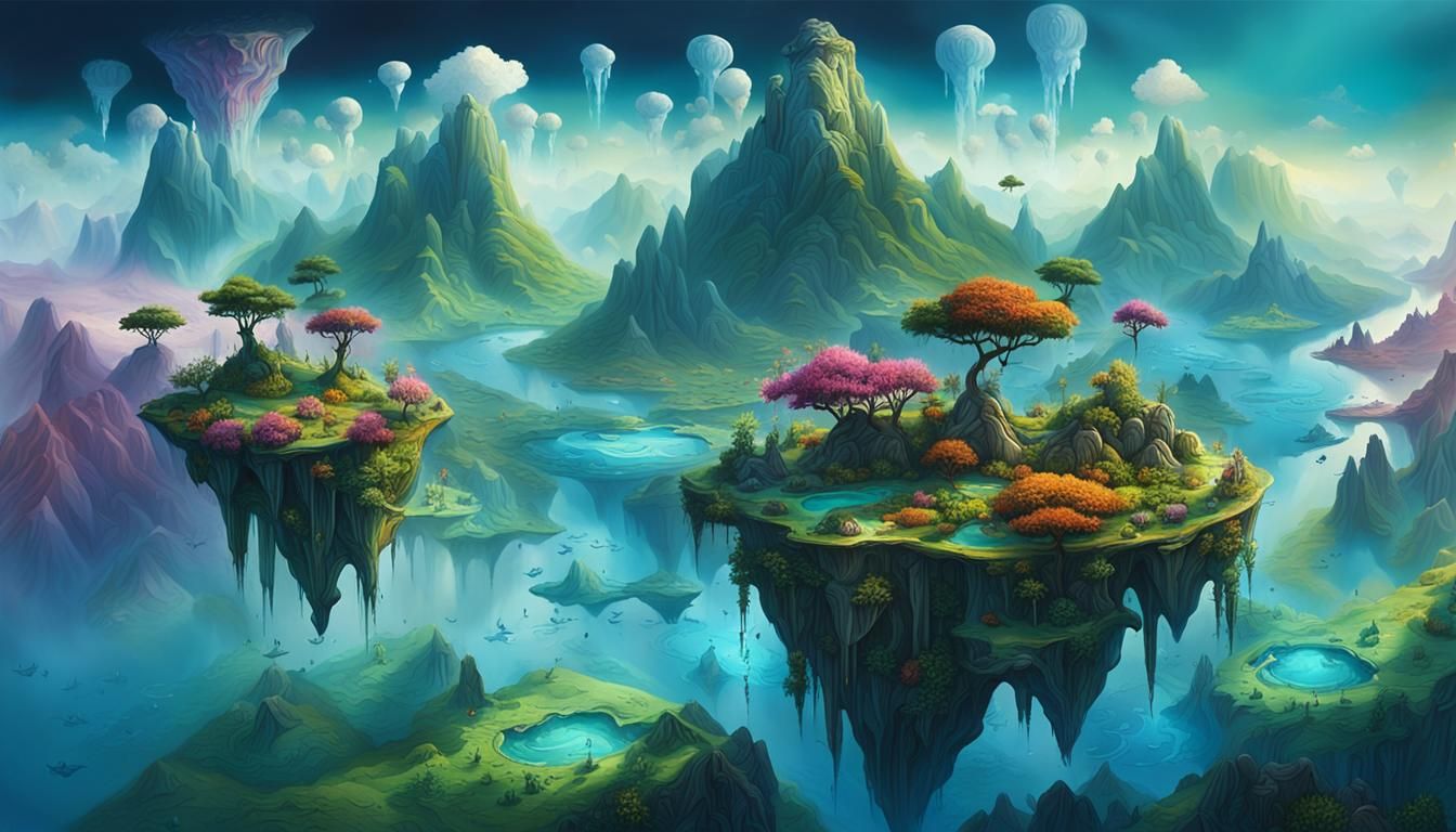 Surreal Landscape with Floating Islands, Dreamlike Splash Ar...