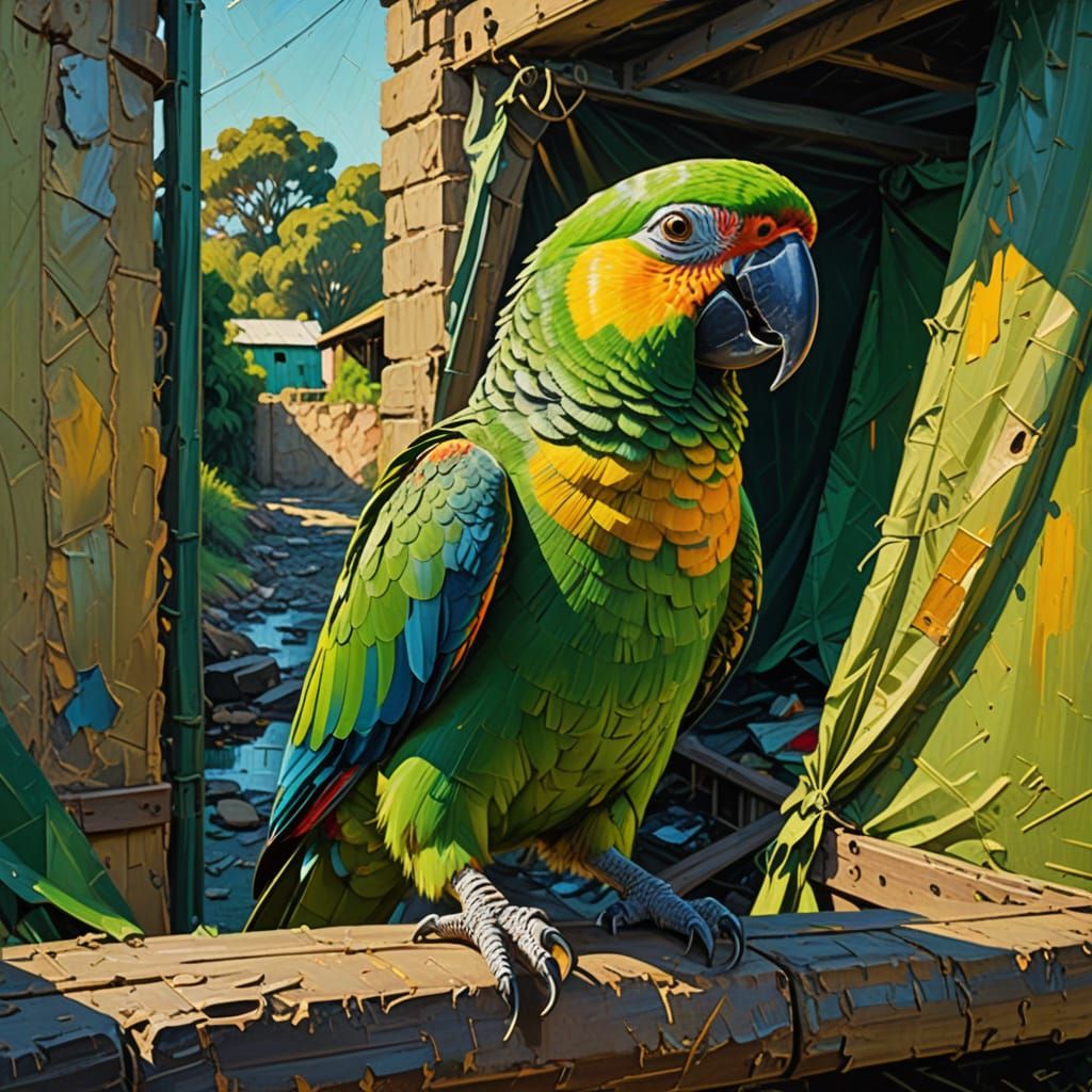 California Green Parrot: Expressionist Impasto Oil Painting