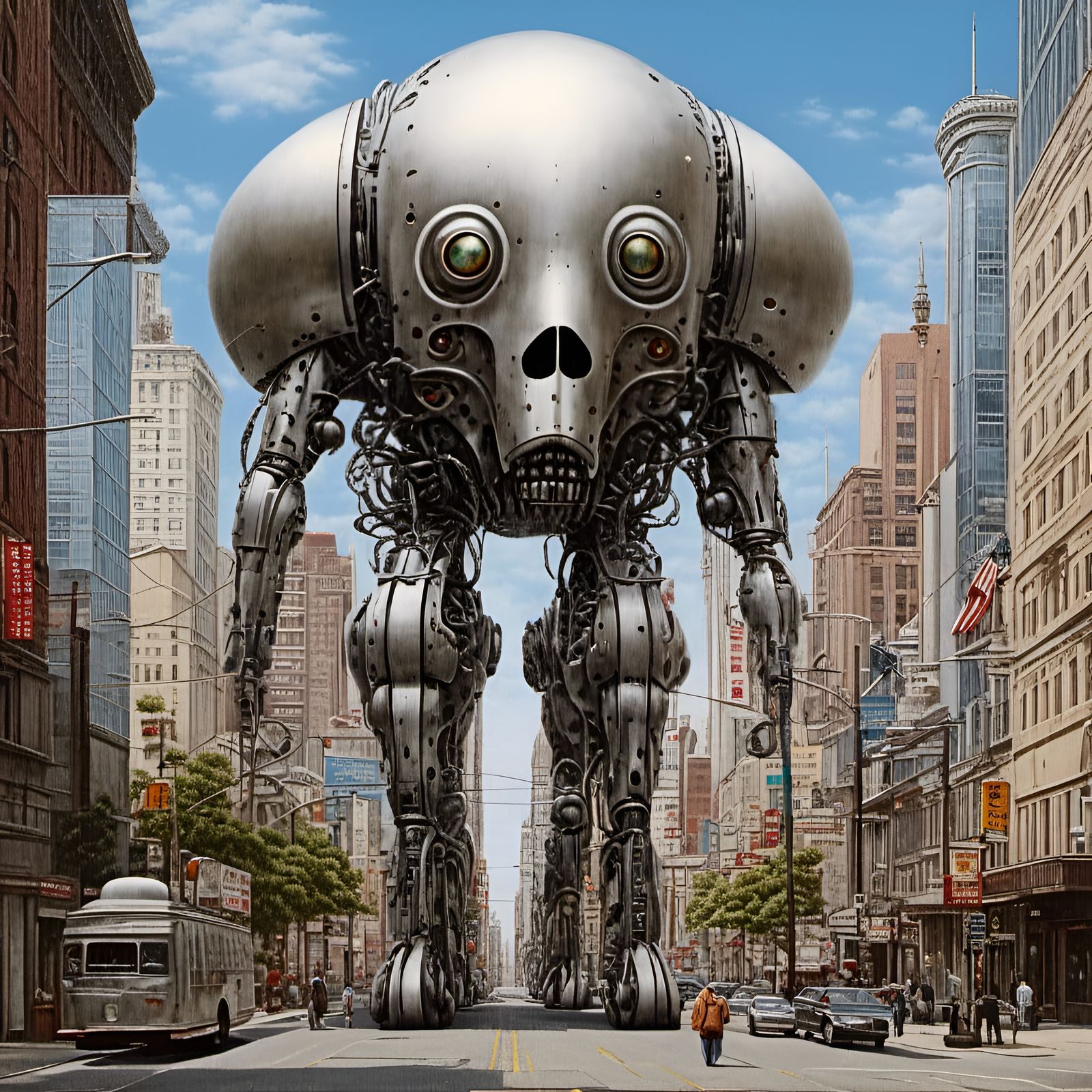 Hyperrealistic Colossal Head in Futuristic Cityscape