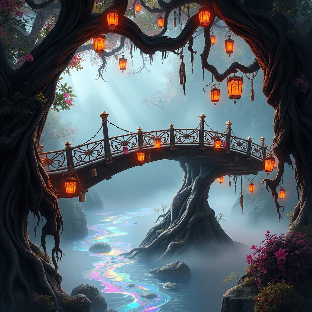 Ancient, Ethereal Bridge Suspended Above a Glowing River