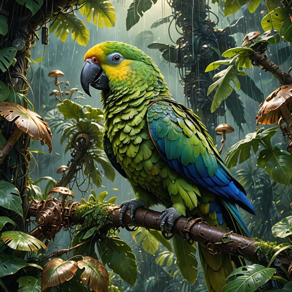 Fantasy Parrot Protecting Chicks Under Mechanical Wing