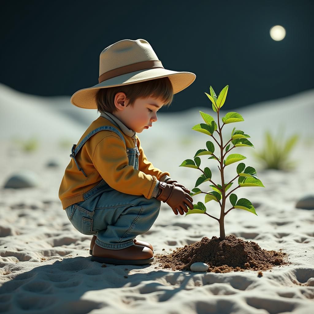Child Gardener Plants Tree on Moon, Dreamlike Sci-Fi Art