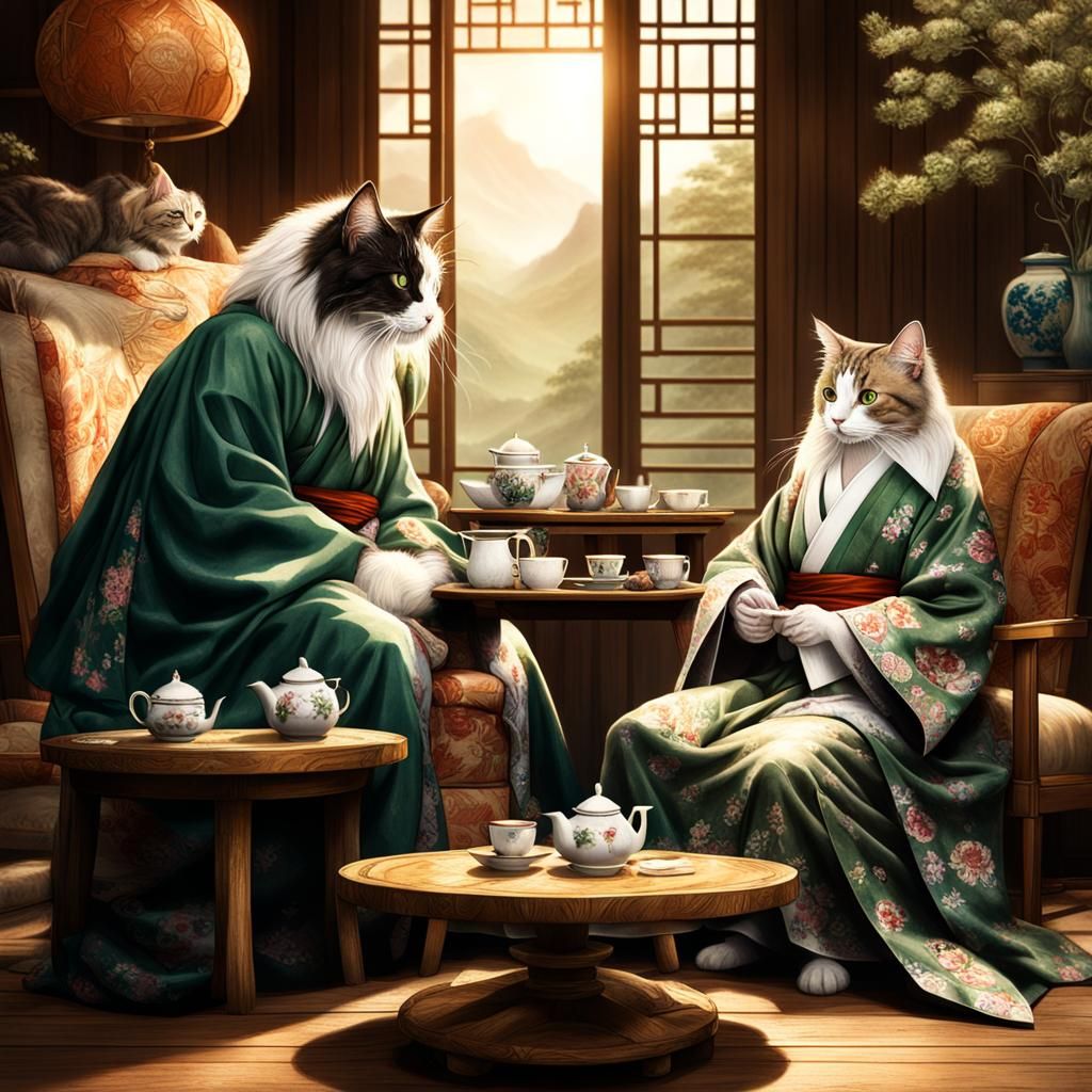 Elven Tea Party with Cat in Kimono