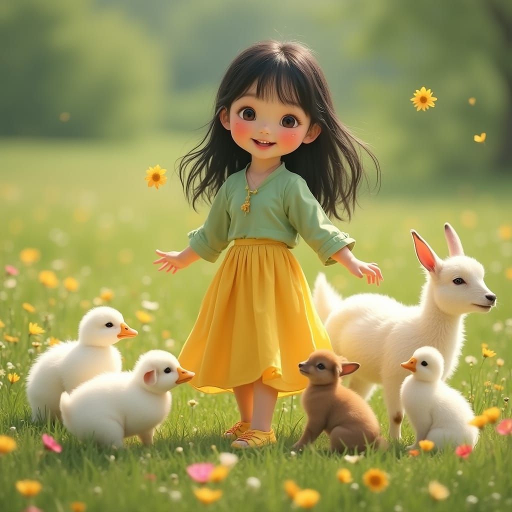 Cheerful Girl Plays with Animals in Sunny Meadow
