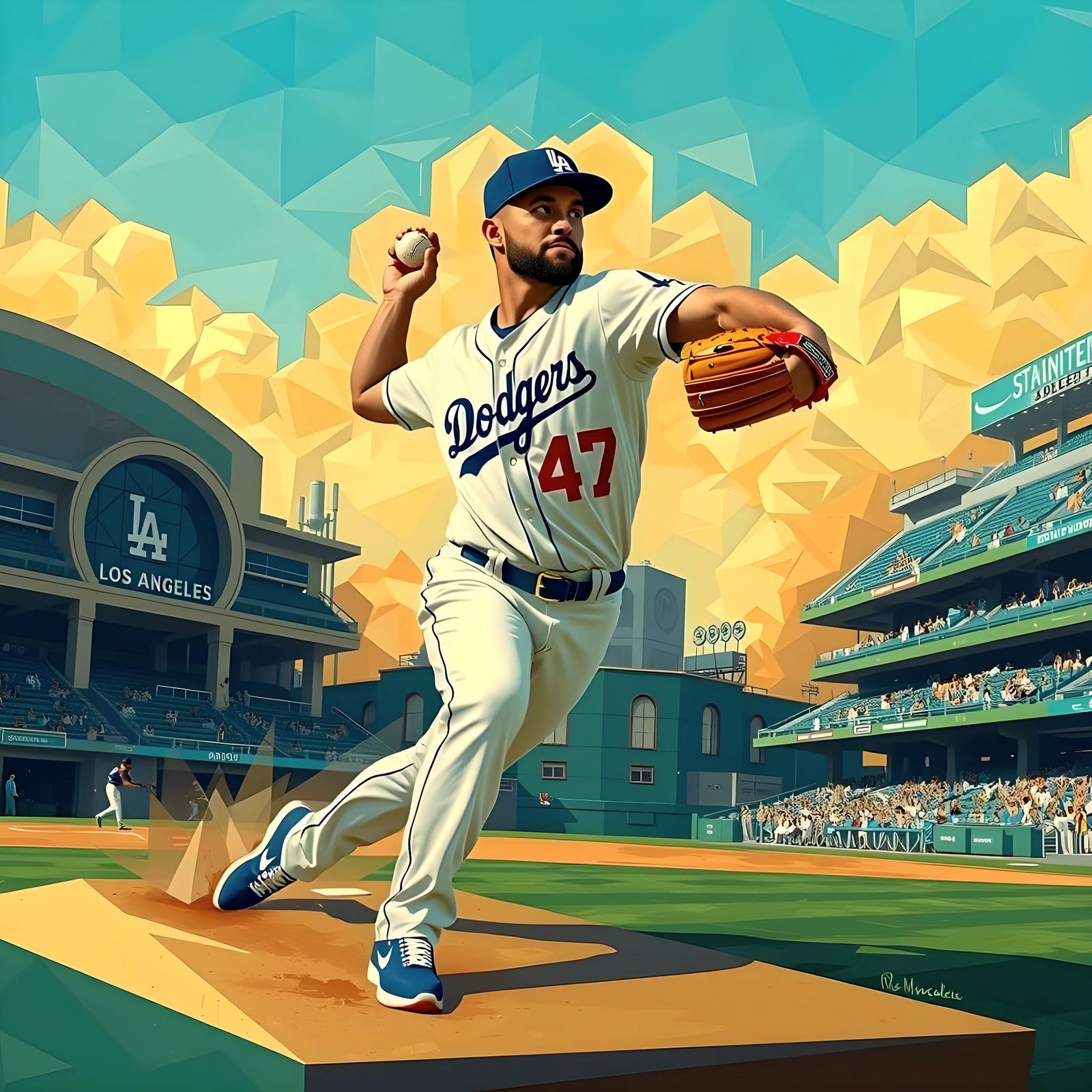 Confident Dodgers Pitcher in Neo-Cubist Style