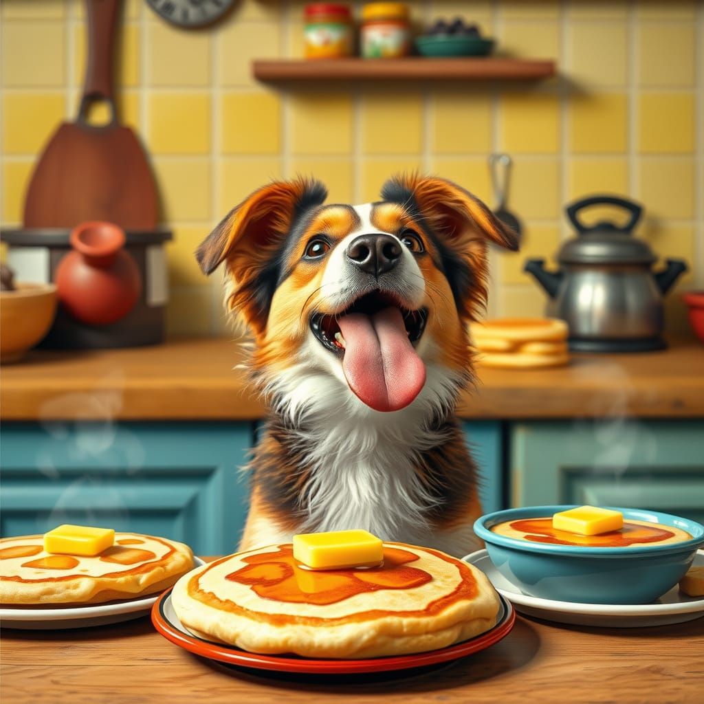 Playful Dog Sits Among Colorful Finnish Pancakes in a Whimsi...