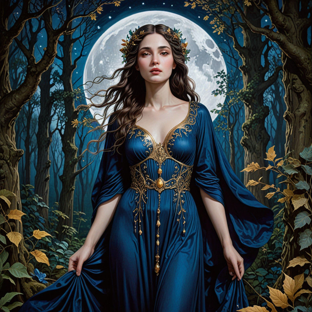 Moon Goddess in Midnight Forest, Inspired by the Old Masters