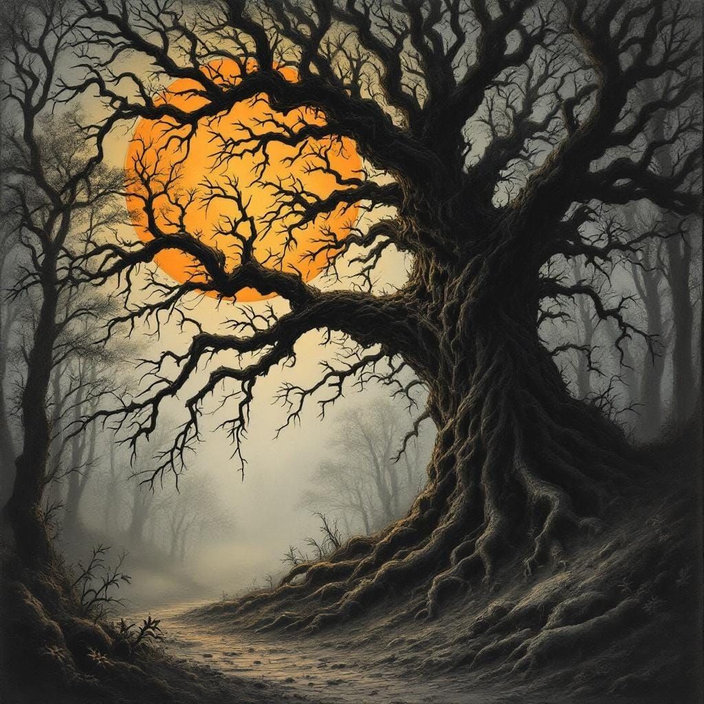 Ancient Tree in Misty Forest with Orange Moon